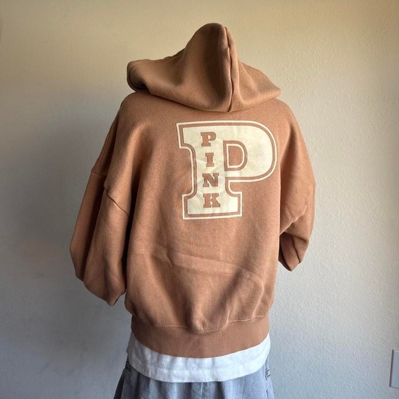 Victoria's Secret Tops - Victoria's Secret PINK tan camel oversized zip up hoodie large varsity P graphic